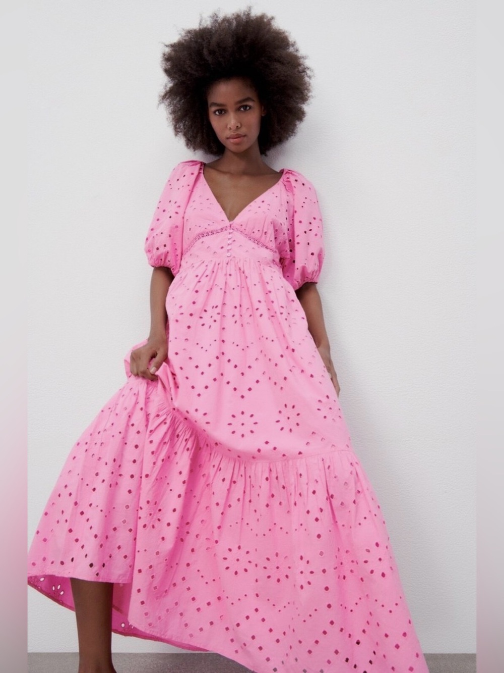 Zara Pink Eyelet V‑Neck Maxi Dress with Puff Sleeves